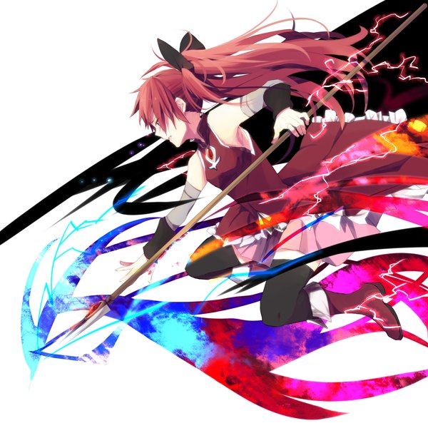 Anime picture 1700x1700 with mahou shoujo madoka magica shaft (studio) sakura kyouko pietani 397 single long hair simple background white background bare shoulders ponytail red hair profile magic girl thighhighs weapon black thighhighs detached sleeves boots spear