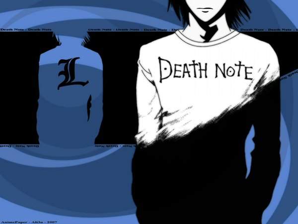 Anime picture 1400x1050 with death note madhouse l (death note) single short hair black hair signed inscription head out of frame silhouette boy