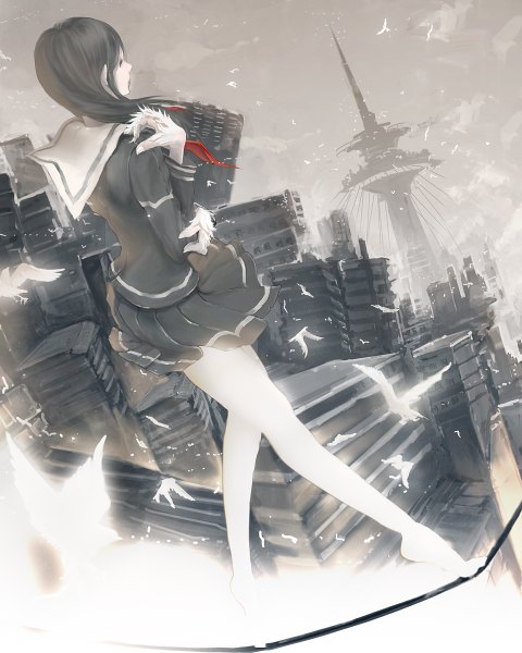 Anime picture 960x1200 with original kentarou single long hair tall image black hair looking away cloud (clouds) profile barefoot wind grey background bare legs dutch angle legs lipstick city monochrome cityscape red lipstick