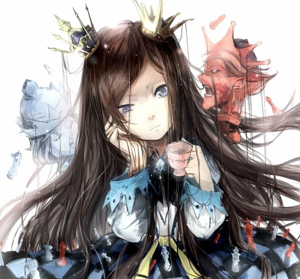 Anime picture 1103x1024 with original sa'yuki single long hair fringe brown hair holding looking away wide sleeves glow hand on cheek thinking girl crown cap coffee chess chessboard