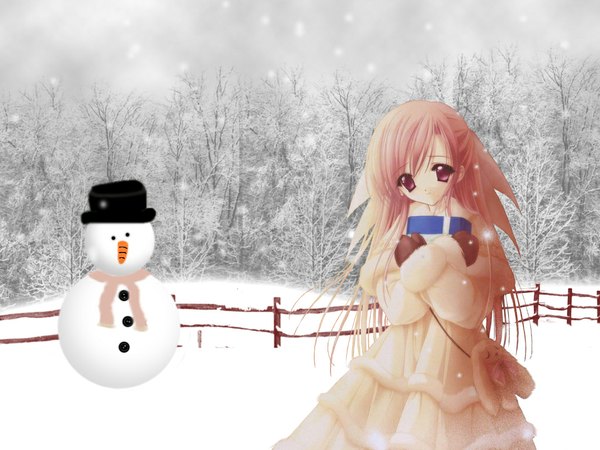 Anime picture 1024x768 with tinker bell single standing snowing winter snow girl mittens snowman