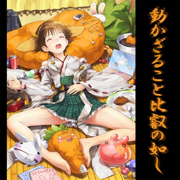 Anime picture 1000x1000 with kantai collection hiei battleship ek masato single fringe short hair breasts open mouth light erotic brown hair animal ears indoors lying eyes closed traditional clothes japanese clothes barefoot bare legs on back spread legs