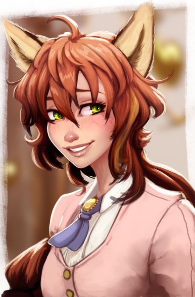 Anime picture 1024x1558 with original carlos eduardo single long hair tall image blush fringe smile brown hair green eyes animal ears looking away ahoge lips fox ears girl clothes