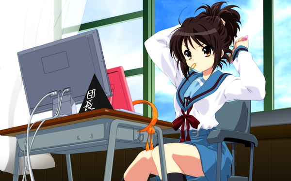 Anime picture 1920x1200 with suzumiya haruhi no yuutsu kyoto animation suzumiya haruhi single highres wide image ponytail girl uniform serafuku computer