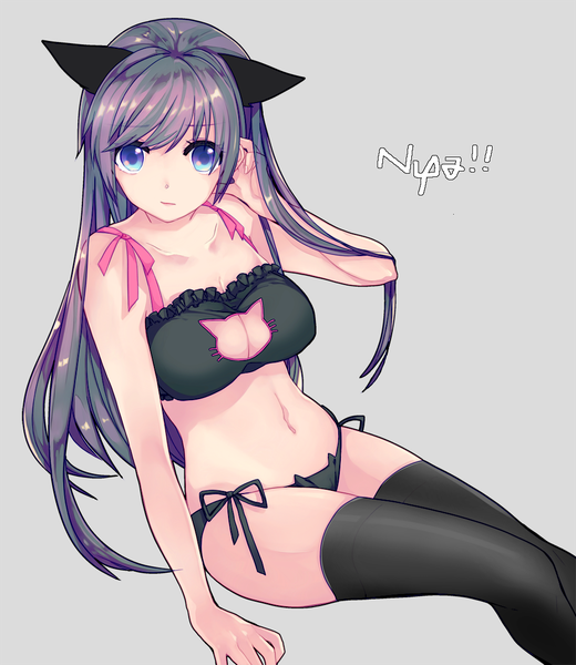 Anime picture 1000x1153 with original ruku (rukumero) single long hair tall image looking at viewer fringe breasts blue eyes light erotic black hair simple background large breasts sitting animal ears cat ears grey background underwear only adjusting hair cleavage cutout