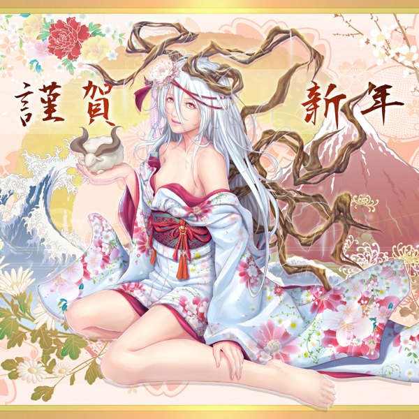Anime picture 1000x1000 with original kanagawa okinami ura clamorous single long hair looking at viewer light erotic red eyes bare shoulders holding silver hair traditional clothes japanese clothes barefoot horn (horns) mountain girl flower (flowers) plant (plants) animal