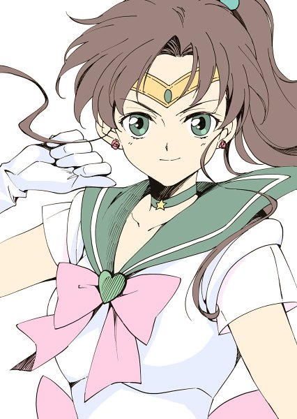 Anime picture 852x1200 with bishoujo senshi sailor moon toei animation kino makoto sailor jupiter super sailor jupiter agahari single long hair tall image looking at viewer simple background smile brown hair white background green eyes ponytail girl gloves earrings white gloves