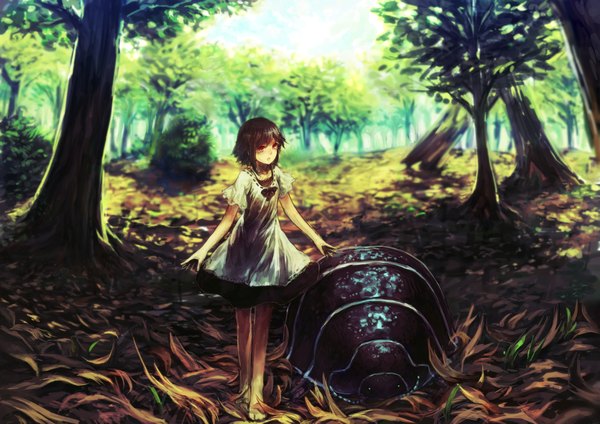Anime picture 4093x2894 with original benitama single highres short hair red eyes absurdres full body barefoot girl dress plant (plants) tree (trees) insect grass forest