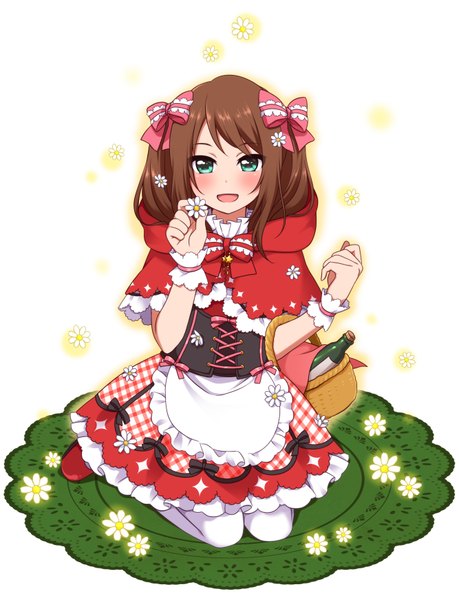 Anime picture 1334x1745 with idolmaster idolmaster side-m mizushima saki ringo yuyu single long hair tall image looking at viewer blush open mouth smile brown hair green eyes otoko no ko dress boy flower (flowers) bow hair bow chamomile