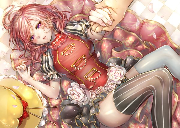 Anime picture 1390x996 with love live! school idol project sunrise (studio) love live! nishikino maki ao+beni looking at viewer blush short hair purple eyes pink hair lying nail polish fingernails from above holding hands checkered floor floor girl thighhighs skirt
