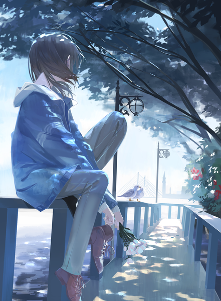 Anime picture 1808x2459 with original aspara tall image highres short hair brown hair sitting looking away full body bent knee (knees) outdoors wind sunlight open jacket shoes removed street girl flower (flowers) plant (plants) animal