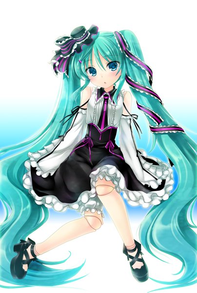 Anime picture 1240x1843 with vocaloid hatsune miku mikami mika single tall image looking at viewer blush blue eyes twintails very long hair aqua hair girl dress ribbon (ribbons) hair ribbon hat detached sleeves shoes doll (dolls)