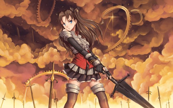 Anime picture 1680x1050 with fate (series) fate/stay night studio deen type-moon toosaka rin saimon ma blue eyes brown hair wide image twintails cloud (clouds) girl miniskirt sword armor gears