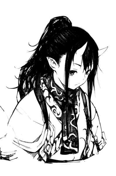 Anime picture 1266x1920 with original shiro shougun single long hair tall image looking at viewer fringe simple background white background payot looking away ponytail traditional clothes japanese clothes horn (horns) pointy ears monochrome portrait eyebrows demon girl