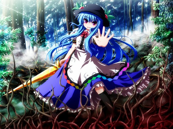 Anime picture 1024x768 with touhou hinanawi tenshi akashio (loli ace) long hair blue hair girl sword socks frills black socks derby