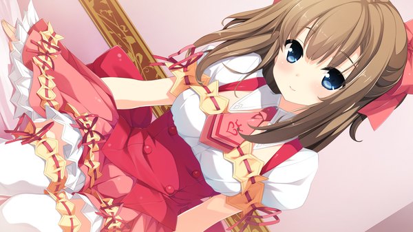 Anime picture 1920x1080 with berry's houkou yuuka single long hair looking at viewer blush highres breasts blue eyes brown hair wide image sitting game cg head tilt light smile girl thighhighs dress ribbon (ribbons) hair ribbon