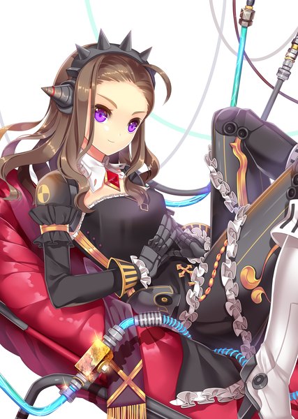 Anime picture 2209x3106 with original agrt single long hair tall image looking at viewer highres brown hair purple eyes girl dress boots frills headphones wire (wires) spikes android