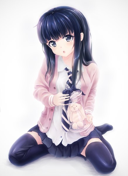 Anime picture 1311x1800 with original alc (ex2 lv) single long hair tall image looking at viewer open mouth blue eyes black hair white background girl thighhighs skirt uniform black thighhighs school uniform necktie