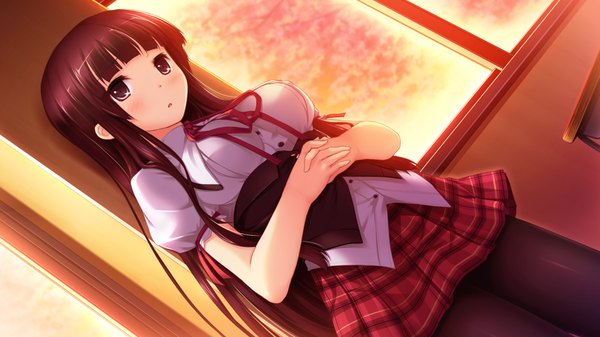 Anime picture 1024x576 with sukimazakura to uso no machi single long hair blush fringe breasts black hair wide image standing payot game cg indoors blunt bangs black eyes :o girl skirt ribbon (ribbons) pantyhose serafuku