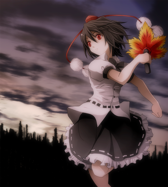 Anime picture 1163x1295 with touhou shameimaru aya s-syogo single tall image short hair black hair red eyes girl dress leaf (leaves) fan tokin hat hauchiwa