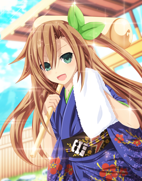 Anime picture 3760x4800 with choujigen game neptune if (choujigen game neptune) deohvi single long hair tall image highres open mouth smile brown hair green eyes absurdres sky cloud (clouds) traditional clothes japanese clothes sunlight one side up coloring girl