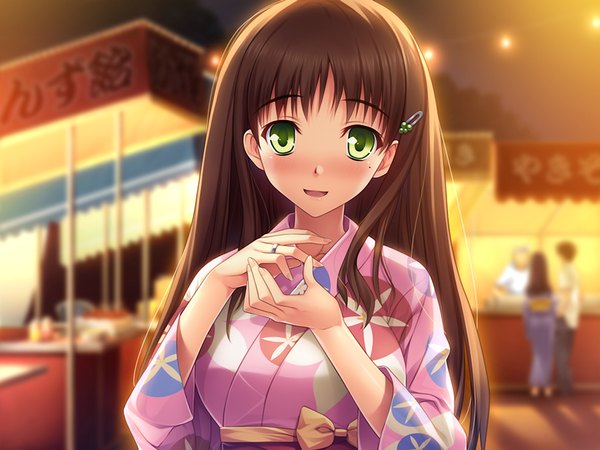 Anime picture 1024x768 with uhou renka kanou karen long hair black hair green eyes game cg japanese clothes girl kimono