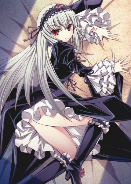Anime picture 722x1010 with rozen maiden suigintou shimamoto utsumi long hair tall image looking at viewer red eyes silver hair lying girl dress boots hairband