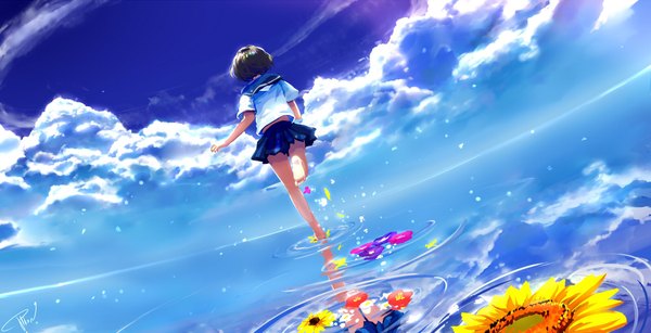 Anime picture 2000x1026 with potion lilac (popopotionu) single highres short hair black hair wide image standing sky cloud (clouds) pleated skirt barefoot from behind from below short sleeves standing on one leg reflection summer running ripples girl