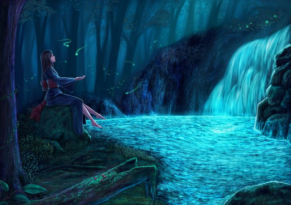 Anime picture 1754x1240 with original ebi furai (erhu112) single long hair highres brown hair sitting traditional clothes japanese clothes profile barefoot lips glowing looking up river waterfall girl plant (plants) tree (trees) water