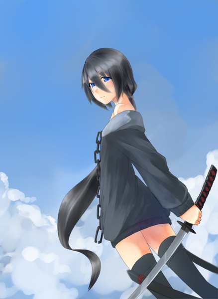 Anime picture 1351x1850 with uke (artist) single long hair tall image blush blue eyes black hair sky cloud (clouds) light smile girl thighhighs weapon black thighhighs sword katana