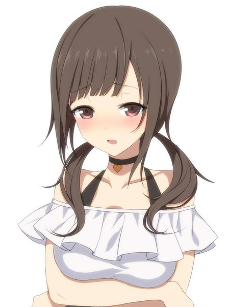 Anime picture 642x858 with tari tari p.a. works okita sawa ac (eshi) single long hair tall image looking at viewer blush fringe open mouth simple background brown hair white background twintails bare shoulders pink eyes low twintails crossed arms girl