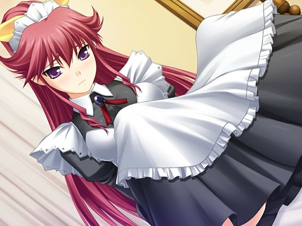Anime picture 1024x768 with kimi ga aruji de shitsuji ga ore de benisu long hair purple eyes game cg red hair maid girl