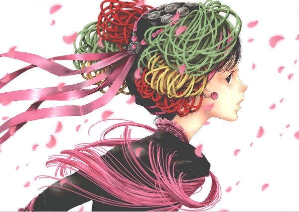 Anime picture 1300x922 with tukiji nao (green glass) single short hair open mouth black hair simple background white background profile looking back wind black eyes girl hair ornament ribbon (ribbons) earrings petals headdress jewelry