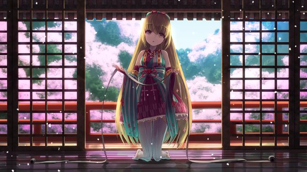 Anime picture 1920x1080 with idolmaster idolmaster cinderella girls yorita yoshino yaiver single long hair looking at viewer fringe highres blonde hair hair between eyes wide image bare shoulders yellow eyes full body bent knee (knees) traditional clothes parted lips head tilt japanese clothes