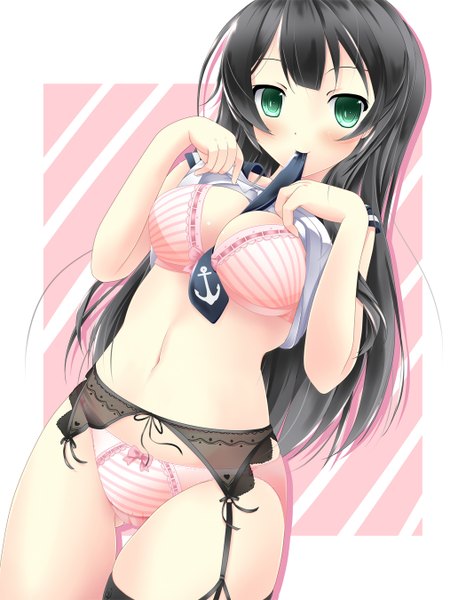 Anime picture 1050x1350 with kantai collection agano light cruiser akairo no mako single long hair tall image blush breasts light erotic black hair large breasts green eyes girl thighhighs navel underwear panties necktie lingerie bra