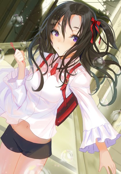 Anime picture 609x869 with original lloule single long hair tall image looking at viewer fringe black hair smile hair between eyes purple eyes holding outdoors from above wind outstretched arm side ponytail messy hair street girl