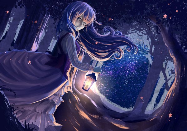 Anime picture 2000x1400 with original ryouya single long hair looking at viewer highres pink hair pink eyes night light nature girl plant (plants) tree (trees) star (stars) forest lantern lamp