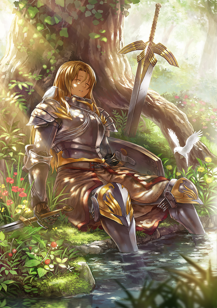 Anime picture 1240x1754 with original guchico single long hair tall image open mouth blonde hair sitting eyes closed girl flower (flowers) weapon plant (plants) animal sword tree (trees) water food armor bird (birds)
