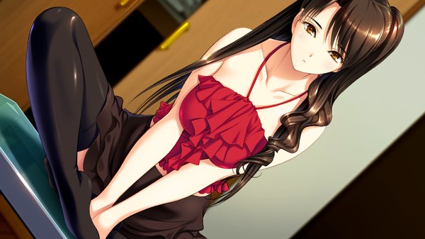 Anime picture 1280x720 with ai shimai iv fujimura manami ichikawa saasha single long hair looking at viewer blush light erotic black hair wide image sitting bare shoulders brown eyes game cg ponytail no bra no shoes crossed legs side ponytail girl