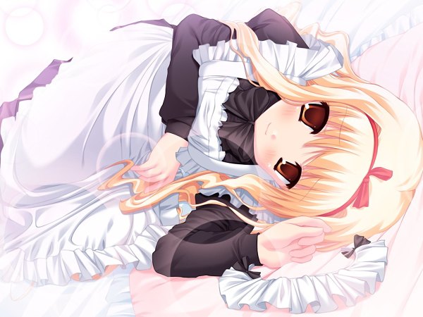 Anime picture 1200x900 with blush blonde hair brown eyes game cg lying maid girl hairband