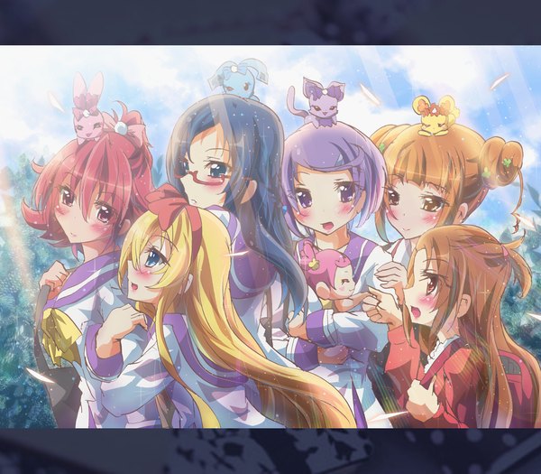 Anime picture 1600x1400 with precure dokidoki! precure toei animation aida mana hishikawa rikka kenzaki makoto yotsuba alice regina (dokidoki! precure) madoka aguri sharuru (dokidoki! precure) davi (dokidoki! precure) rance (dokidoki! precure) ai-chan (dokidoki! precure) rakeru (dokidoki! precure) inoshishi (ikatomo) long hair blush short hair open mouth blue eyes