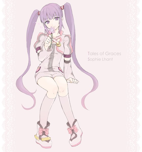 Anime picture 1500x1603 with tales of graces sophie (tales) long hair tall image simple background sitting purple eyes purple hair inscription girl flower (flowers) socks boots white socks suit