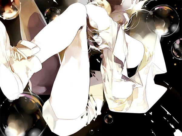 Anime picture 1000x750 with original reika (artist) single long hair looking at viewer blue eyes blonde hair open clothes open shirt white skin girl shirt shoes bubble (bubbles) sneakers
