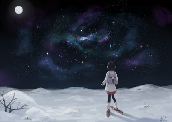 Anime picture 1414x1000 with original cea single short hair brown hair signed from behind night shadow night sky snow horizon bare tree girl plant (plants) pantyhose tree (trees) moon star (stars) full moon
