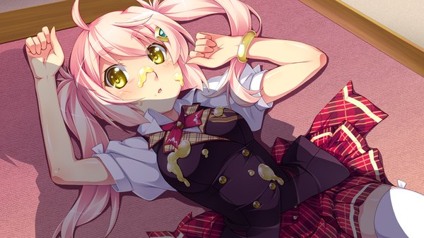 Anime picture 1024x576 with legend seven (game) long hair blush wide image twintails yellow eyes pink hair game cg ahoge lying girl thighhighs uniform school uniform white thighhighs