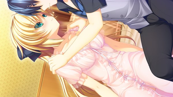 Anime picture 1280x720 with re:birth colony serruria celestite asami asami long hair blush blue eyes blonde hair wide image green eyes game cg cleavage couple girl boy