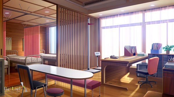 Anime picture 1280x720 with re:lief ebisutaro wide image sunlight inscription shadow copyright name no people plant (plants) window bed curtains chair table potted plant phone box school cardboard box