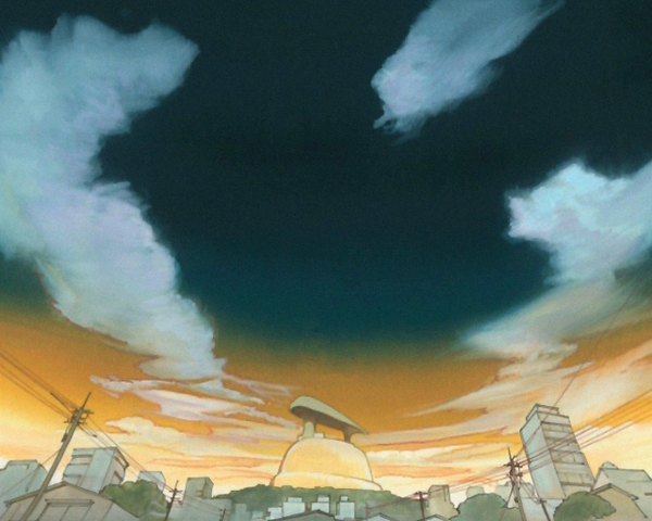 Anime picture 1280x1024 with flcl gainax sky cloud (clouds) cityscape wire (wires)