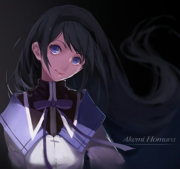 Anime picture 1781x1678 with mahou shoujo madoka magica shaft (studio) akemi homura sola7764 single long hair looking at viewer fringe highres blue eyes black hair simple background smile inscription black background dark background close-up girl bow ribbon (ribbons)