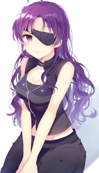 Anime picture 480x838 with mirai nikki uryuu minene pinb single long hair tall image looking at viewer blush fringe breasts simple background large breasts white background sitting bare shoulders cleavage purple hair ahoge pink eyes wavy hair